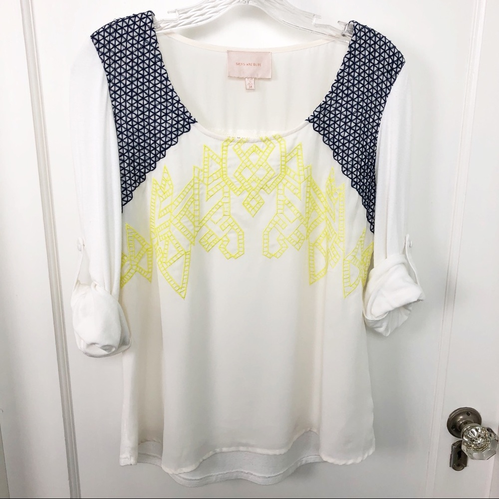 Skies Are Blue Blouse with Blue & Yellow Crochet